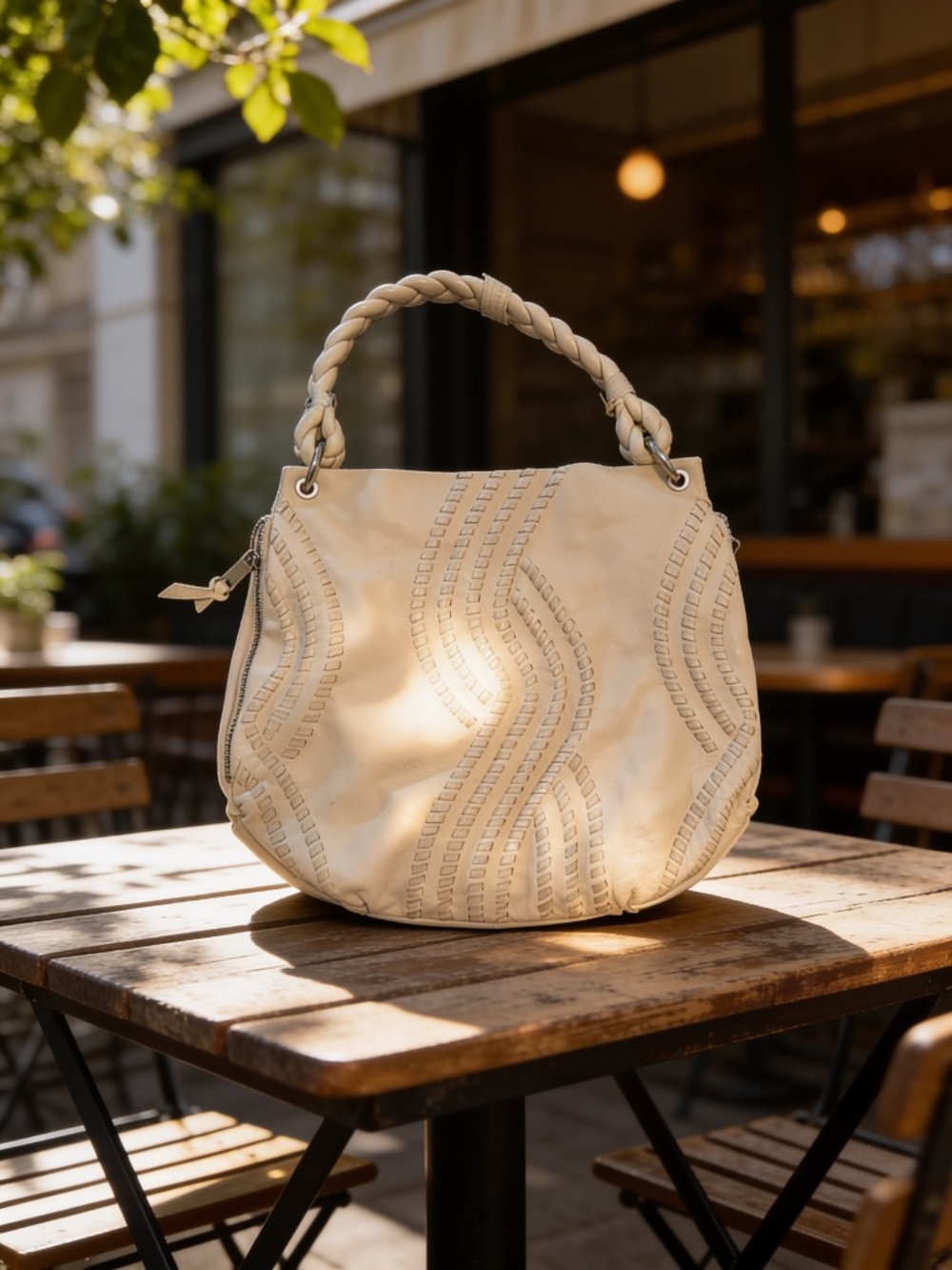 Kenar Cream Leather Purse with Braided Strap
